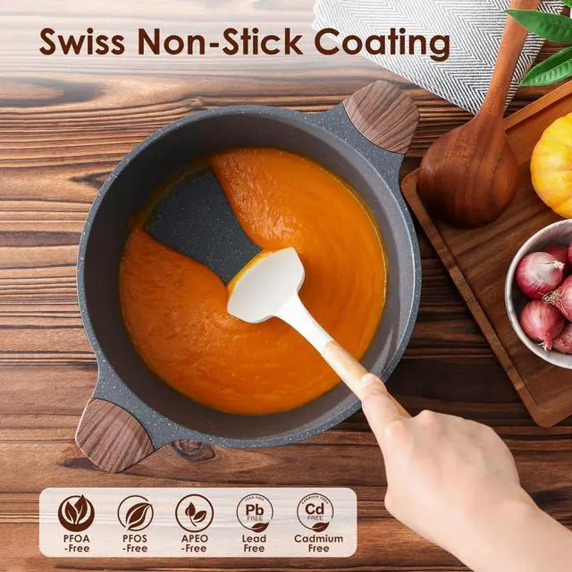 Alt view image 2 of 6 - Nonstick Stock Pot with Lid, 7 Qt Induction Cooking Pot with Tempered Glass Lid, Stew Pot with Swiss Nonstick Granite Coating, Pasta Casserole, PFOA PFOS APEO Free, Gray