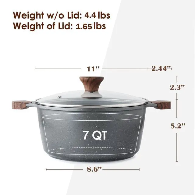 Alt view image 3 of 6 - Nonstick Stock Pot with Lid, 7 Qt Induction Cooking Pot with Tempered Glass Lid, Stew Pot with Swiss Nonstick Granite Coating, Pasta Casserole, PFOA PFOS APEO Free, Gray