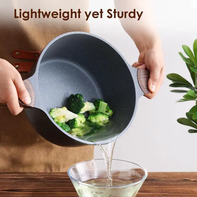 Alt view image 5 of 6 - Nonstick Stock Pot with Lid, 7 Qt Induction Cooking Pot with Tempered Glass Lid, Stew Pot with Swiss Nonstick Granite Coating, Pasta Casserole, PFOA PFOS APEO Free, Gray