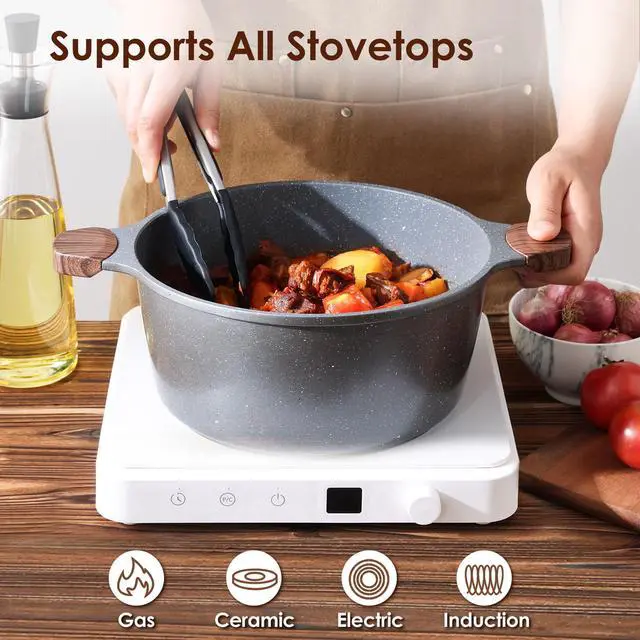 Alt view image 6 of 6 - Nonstick Stock Pot with Lid, 7 Qt Induction Cooking Pot with Tempered Glass Lid, Stew Pot with Swiss Nonstick Granite Coating, Pasta Casserole, PFOA PFOS APEO Free, Gray