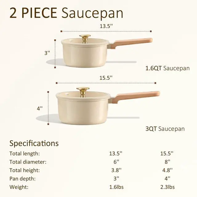 Alt view image 2 of 4 - 1.6Qt & 3.0Qt Sauce Pan Sets with Lid Ceramic Nonstick Pot Set Non Toxic Saucepan with Stay-cool Handle Small Kitchen Cooking Pots, Easy to Clean, Induction Comptable, PFOA FREE