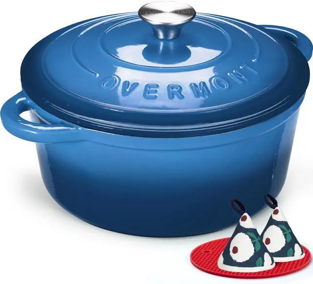 Main image of Enameled Cast Iron Dutch Oven - 7QT Pot with Lid Cookbook & Cotton Potholders - Heavy-Duty Cookware for Braising, Stews, Roasting, Bread Baking blue