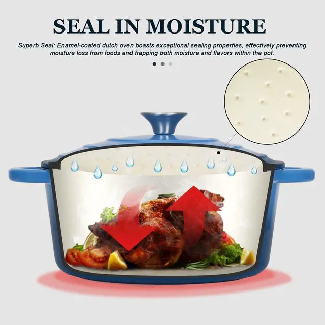 Alt view image 2 of 7 - Enameled Cast Iron Dutch Oven - 7QT Pot with Lid Cookbook & Cotton Potholders - Heavy-Duty Cookware for Braising, Stews, Roasting, Bread Baking blue