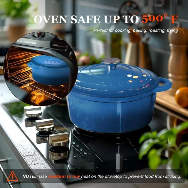 Alt view image 4 of 7 - Enameled Cast Iron Dutch Oven - 7QT Pot with Lid Cookbook & Cotton Potholders - Heavy-Duty Cookware for Braising, Stews, Roasting, Bread Baking blue