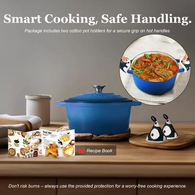 Alt view image 5 of 7 - Enameled Cast Iron Dutch Oven - 7QT Pot with Lid Cookbook & Cotton Potholders - Heavy-Duty Cookware for Braising, Stews, Roasting, Bread Baking blue