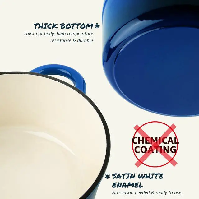 Alt view image 7 of 7 - Enameled Cast Iron Dutch Oven - 7QT Pot with Lid Cookbook & Cotton Potholders - Heavy-Duty Cookware for Braising, Stews, Roasting, Bread Baking blue