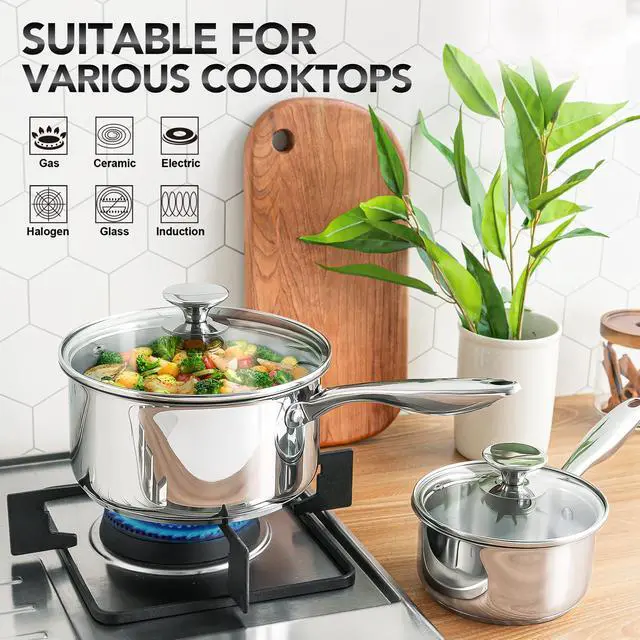 Alt view image 2 of 6 - Stainless Steel Saucepan Set with Lids 1QT & 2QT & 3QT, Stainless Steel Sauce Pot Set 6pcs, Induction Saucepans, Nonstick Sauce Pan Set, Dishwasher Safe