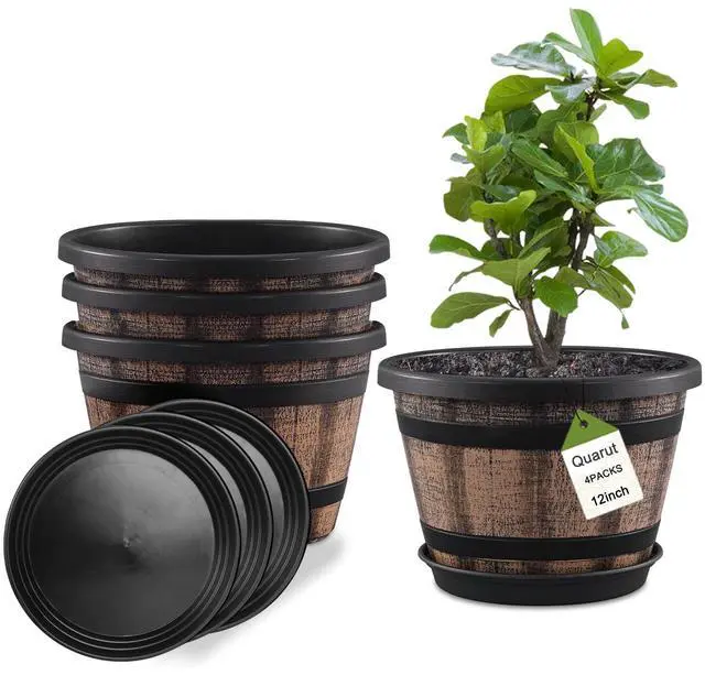 Main image of Plant Pots Set of 4 Pack 12 inch,Large Whiskey Barrel Planters with Drainage Holes & Saucer.Plastic Flower Pots Imitation Wine Barrel Design, for Indoor & Outdoor Garden Home Plants (Brown)
