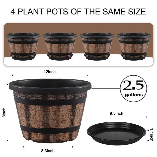 Alt view image 2 of 6 - Plant Pots Set of 4 Pack 12 inch,Large Whiskey Barrel Planters with Drainage Holes & Saucer.Plastic Flower Pots Imitation Wine Barrel Design, for Indoor & Outdoor Garden Home Plants (Brown)