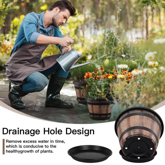 Alt view image 3 of 6 - Plant Pots Set of 4 Pack 12 inch,Large Whiskey Barrel Planters with Drainage Holes & Saucer.Plastic Flower Pots Imitation Wine Barrel Design, for Indoor & Outdoor Garden Home Plants (Brown)