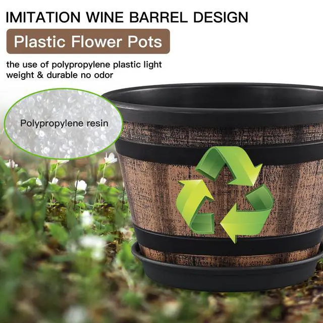 Alt view image 4 of 6 - Plant Pots Set of 4 Pack 12 inch,Large Whiskey Barrel Planters with Drainage Holes & Saucer.Plastic Flower Pots Imitation Wine Barrel Design, for Indoor & Outdoor Garden Home Plants (Brown)