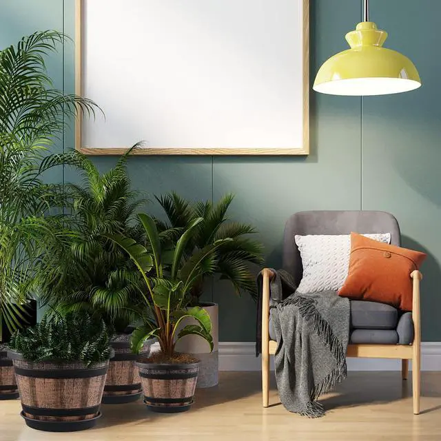 Alt view image 5 of 6 - Plant Pots Set of 4 Pack 12 inch,Large Whiskey Barrel Planters with Drainage Holes & Saucer.Plastic Flower Pots Imitation Wine Barrel Design, for Indoor & Outdoor Garden Home Plants (Brown)