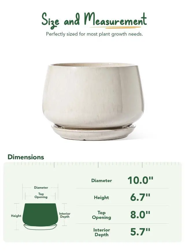 Alt view image 4 of 7 - Ceramic Planter, 10 Inch Plant Pot with Drainage Hole & Saucer Durable Indoor Planter for Modern Home Decor, Reactive Glaze Beige