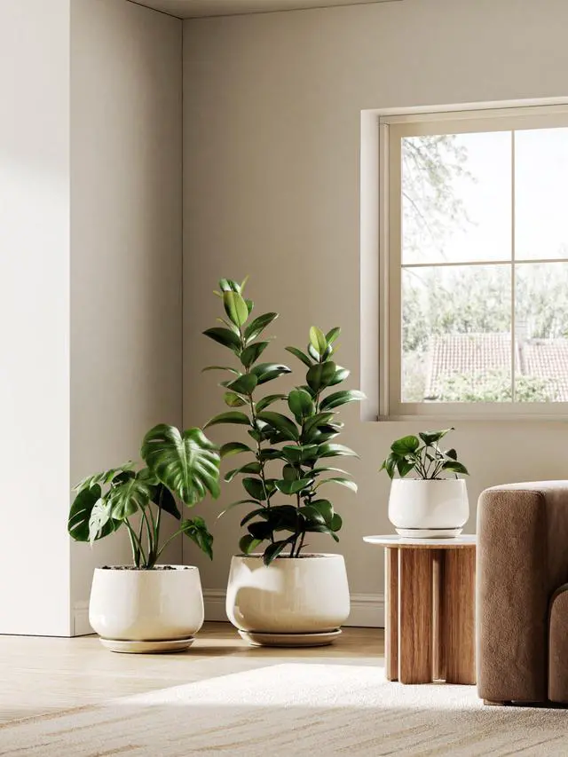 Alt view image 6 of 7 - Ceramic Planter, 10 Inch Plant Pot with Drainage Hole & Saucer Durable Indoor Planter for Modern Home Decor, Reactive Glaze Beige