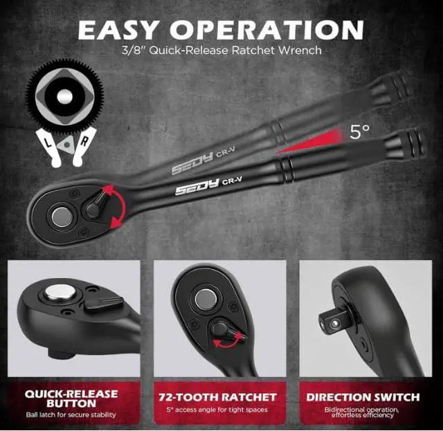 Alt view image 3 of 7 - 96-Piece 3/8" Drive Impact Socket Wrench and Bit Set, SAE 5/16-3/4 & Metric 8-22mm, Cr-V Standard & Deep Sockets, Power Bits, Ratchet Handle, Universal Joint, Bit Holder, Adapters, Spark Plug Socket
