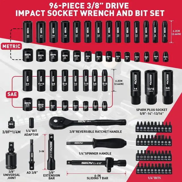 Alt view image 2 of 7 - 96-Piece 3/8" Drive Impact Socket Wrench and Bit Set, SAE 5/16-3/4 & Metric 8-22mm, Cr-V Standard & Deep Sockets, Power Bits, Ratchet Handle, Universal Joint, Bit Holder, Adapters, Spark Plug Socket