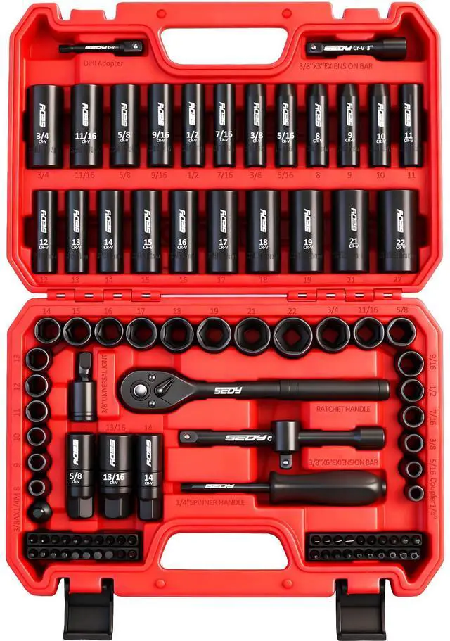 Main image of 96-Piece 3/8" Drive Impact Socket Wrench and Bit Set, SAE 5/16-3/4 & Metric 8-22mm, Cr-V Standard & Deep Sockets, Power Bits, Ratchet Handle, Universal Joint, Bit Holder, Adapters, Spark Plug Socket