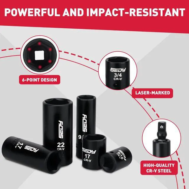 Alt view image 4 of 7 - 96-Piece 3/8" Drive Impact Socket Wrench and Bit Set, SAE 5/16-3/4 & Metric 8-22mm, Cr-V Standard & Deep Sockets, Power Bits, Ratchet Handle, Universal Joint, Bit Holder, Adapters, Spark Plug Socket