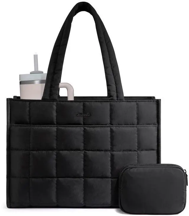 Main image of Tote Bag for Women, Puffer Work Handbag 15.6 Inch Laptop Purse for Nurse Teacher, Large Quilted Travel Tote Shoulder Bag with Zipper for College Office Clinical Gym, Black