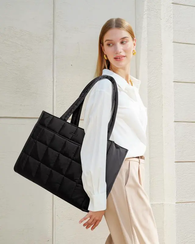 Alt view image 2 of 6 - Tote Bag for Women, Puffer Work Handbag 15.6 Inch Laptop Purse for Nurse Teacher, Large Quilted Travel Tote Shoulder Bag with Zipper for College Office Clinical Gym, Black