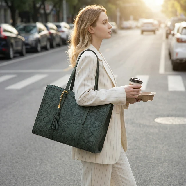 Alt view image 2 of 7 - Laptop Bag for Women Vintage Leather Laptop Tote 15.6 inch Large Capacity Computer bag with Clutch Purse for Work