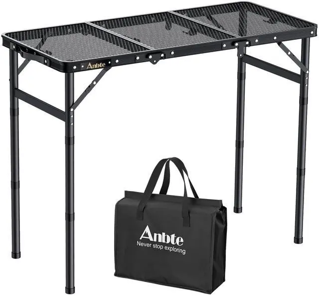 Main image of Folding Grill Table, 3ft Tri-Fold Aluminum Folding Table Adjustable Height Max 27.5" Grill Table with Mesh Desktop, Lightweight, Portable Handle for Outdoor Cooking BBQ Picnic (Black)