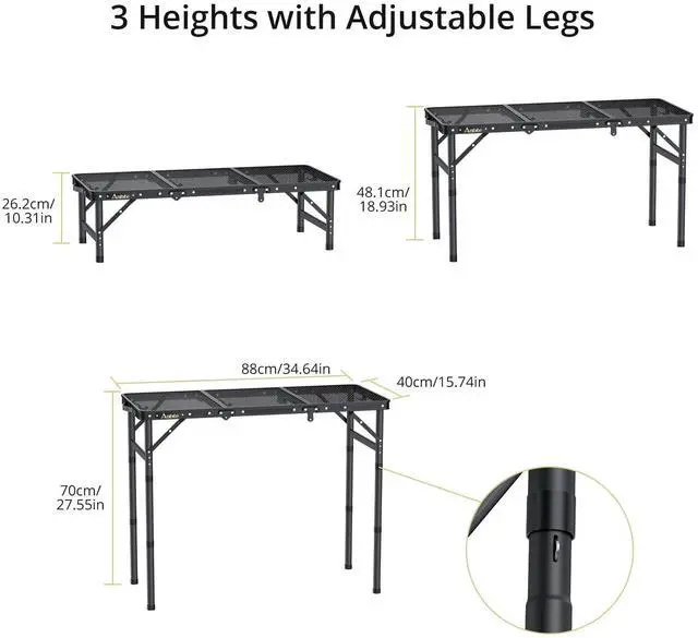 Alt view image 2 of 7 - Folding Grill Table, 3ft Tri-Fold Aluminum Folding Table Adjustable Height Max 27.5" Grill Table with Mesh Desktop, Lightweight, Portable Handle for Outdoor Cooking BBQ Picnic (Black)