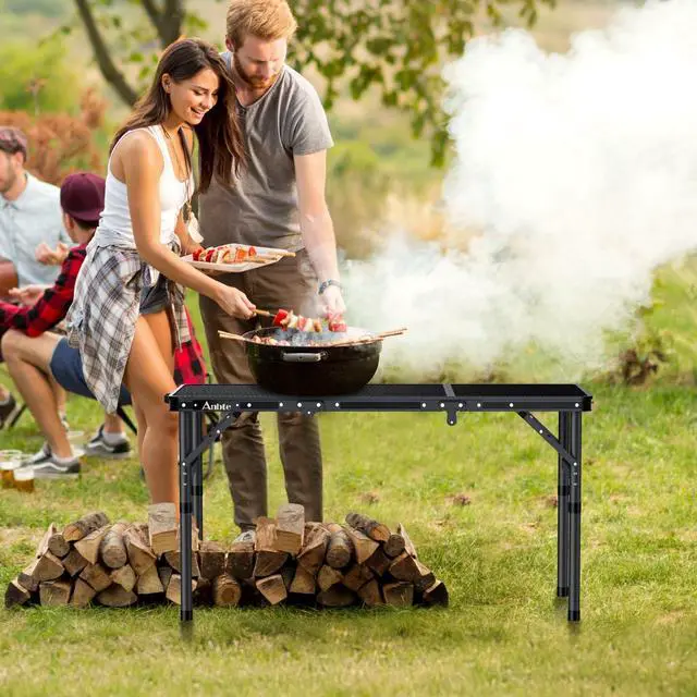 Alt view image 5 of 7 - Folding Grill Table, 3ft Tri-Fold Aluminum Folding Table Adjustable Height Max 27.5" Grill Table with Mesh Desktop, Lightweight, Portable Handle for Outdoor Cooking BBQ Picnic (Black)