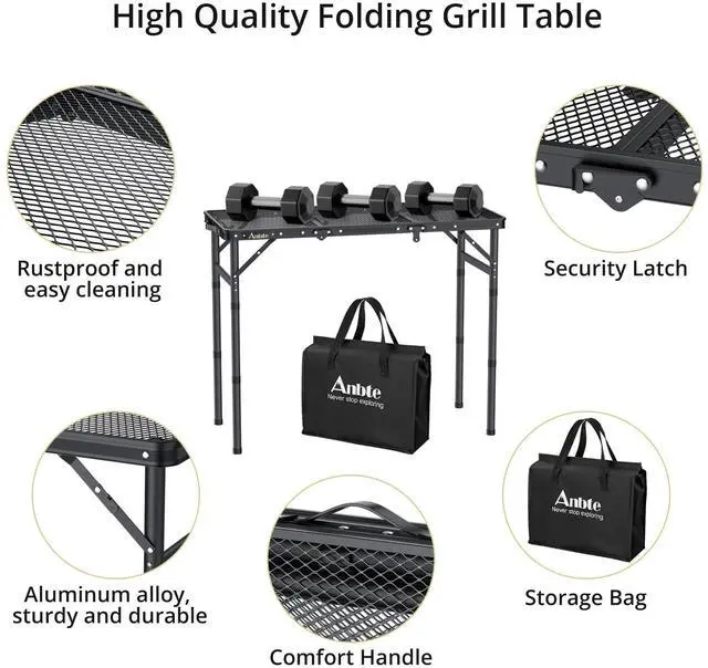 Alt view image 4 of 7 - Folding Grill Table, 3ft Tri-Fold Aluminum Folding Table Adjustable Height Max 27.5" Grill Table with Mesh Desktop, Lightweight, Portable Handle for Outdoor Cooking BBQ Picnic (Black)