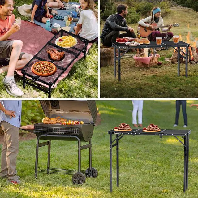 Alt view image 7 of 7 - Folding Grill Table, 3ft Tri-Fold Aluminum Folding Table Adjustable Height Max 27.5" Grill Table with Mesh Desktop, Lightweight, Portable Handle for Outdoor Cooking BBQ Picnic (Black)