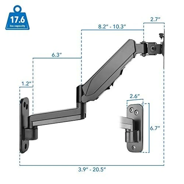 Alt view image 7 of 7 - Mount-It Computer Monitor Wall Mount, Gas Spring Arm, Full Motion | for 17-32 Inch Screens, 11 in Height Range, Cable Management, Tilt Swivel, VESA 75x75 100x100, 17.6 Lbs, Alloy Steel, Black