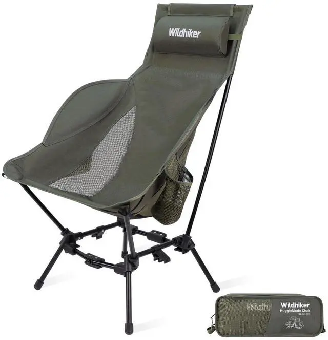 Main image of Wildhiker Compact High Back Camping Chair - Foldable with Dual Sitting Modes, Pillow, Arm Pads and Side Pockets - Lightweight Portable Chair for Motorcycle, RV, Festival, Travel - Green