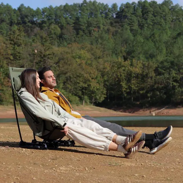 Alt view image 2 of 7 - Wildhiker Compact High Back Camping Chair - Foldable with Dual Sitting Modes, Pillow, Arm Pads and Side Pockets - Lightweight Portable Chair for Motorcycle, RV, Festival, Travel - Green