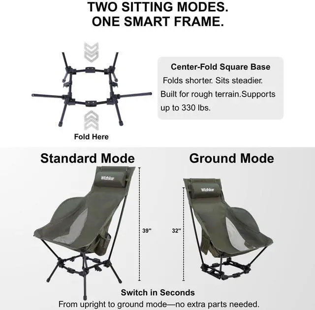 Alt view image 3 of 7 - Wildhiker Compact High Back Camping Chair - Foldable with Dual Sitting Modes, Pillow, Arm Pads and Side Pockets - Lightweight Portable Chair for Motorcycle, RV, Festival, Travel - Green
