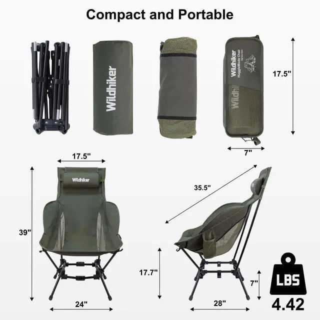 Alt view image 4 of 7 - Wildhiker Compact High Back Camping Chair - Foldable with Dual Sitting Modes, Pillow, Arm Pads and Side Pockets - Lightweight Portable Chair for Motorcycle, RV, Festival, Travel - Green
