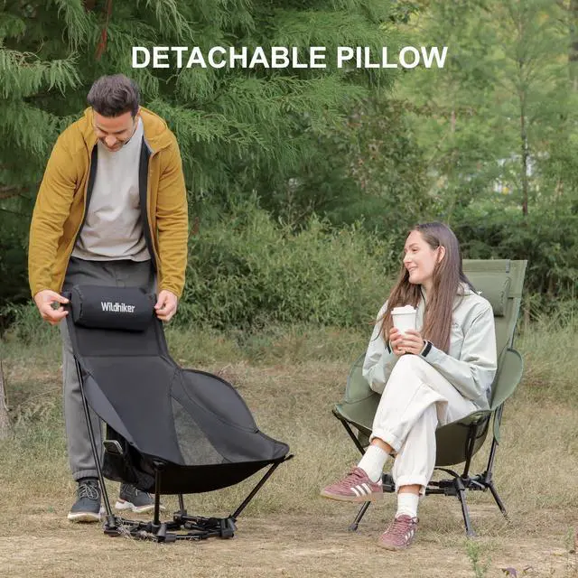 Alt view image 6 of 7 - Wildhiker Compact High Back Camping Chair - Foldable with Dual Sitting Modes, Pillow, Arm Pads and Side Pockets - Lightweight Portable Chair for Motorcycle, RV, Festival, Travel - Green