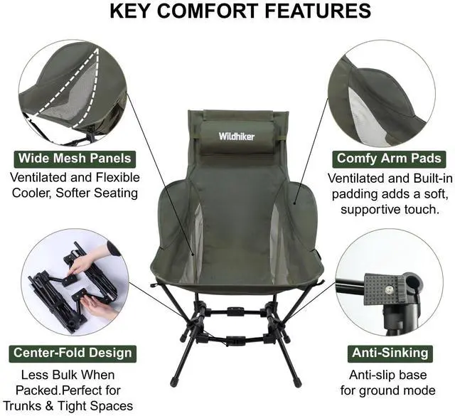 Alt view image 7 of 7 - Wildhiker Compact High Back Camping Chair - Foldable with Dual Sitting Modes, Pillow, Arm Pads and Side Pockets - Lightweight Portable Chair for Motorcycle, RV, Festival, Travel - Green