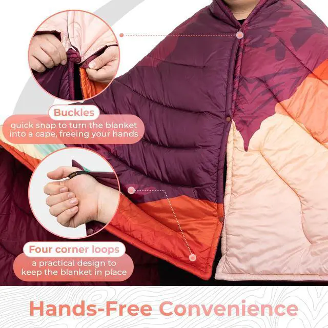 Alt view image 3 of 7 - KingCamp Ultralight Camping Blanket, Packable Down Alternative Puffy Printed Wearable Blanket with Snap Buttons & Corner Loops Weatherproof Quilt for Outdoor Travel Stadium (78.7"L x 57.1"W, ORANGE)