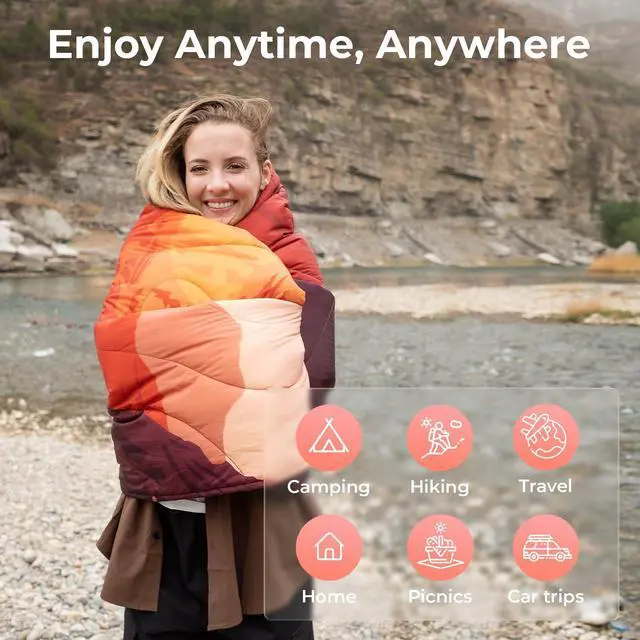 Alt view image 5 of 7 - KingCamp Ultralight Camping Blanket, Packable Down Alternative Puffy Printed Wearable Blanket with Snap Buttons & Corner Loops Weatherproof Quilt for Outdoor Travel Stadium (78.7"L x 57.1"W, ORANGE)