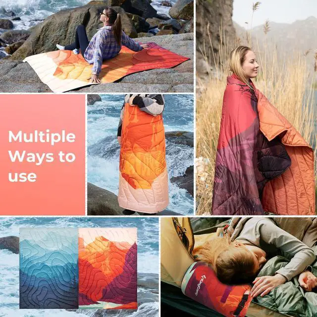 Alt view image 6 of 7 - KingCamp Ultralight Camping Blanket, Packable Down Alternative Puffy Printed Wearable Blanket with Snap Buttons & Corner Loops Weatherproof Quilt for Outdoor Travel Stadium (78.7"L x 57.1"W, ORANGE)