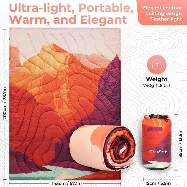 Alt view image 7 of 7 - KingCamp Ultralight Camping Blanket, Packable Down Alternative Puffy Printed Wearable Blanket with Snap Buttons & Corner Loops Weatherproof Quilt for Outdoor Travel Stadium (78.7"L x 57.1"W, ORANGE)