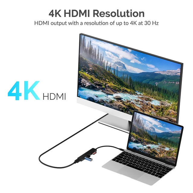 Alt view image 3 of 7 - USB-C Hub, 4K HDMI, 60W PD, USB 3.0/2.0, SD Reader (HB-TC6C) 4K HDMI; 60W power delivery; USB 3.0 + USB 2.0; SD/microSD card reader; multiport