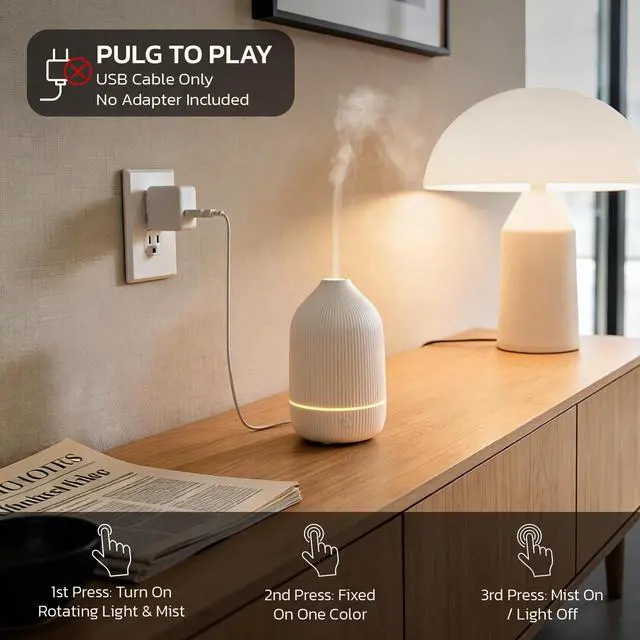 Alt view image 3 of 7 - Essential Oil Diffuser, 100ml Aromatherapy Diffuser, Mini Ultrasonic Diffuser for Essential Oil, Home, Office, Cool Mist Humidifier with 7 Led Light, Auto Shut-Off, White