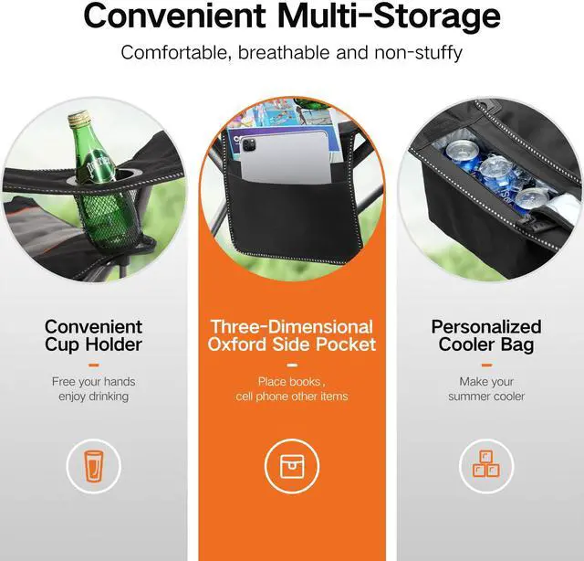 Alt view image 5 of 7 - Oversized Folding Camping Chair for Adults, Heavy Duty Portable Lawn Chairs with Cooler Bag, Side Pocket & Cup Holder, Folding Chairs for Outside Support 450 LBS Outdoor Chair