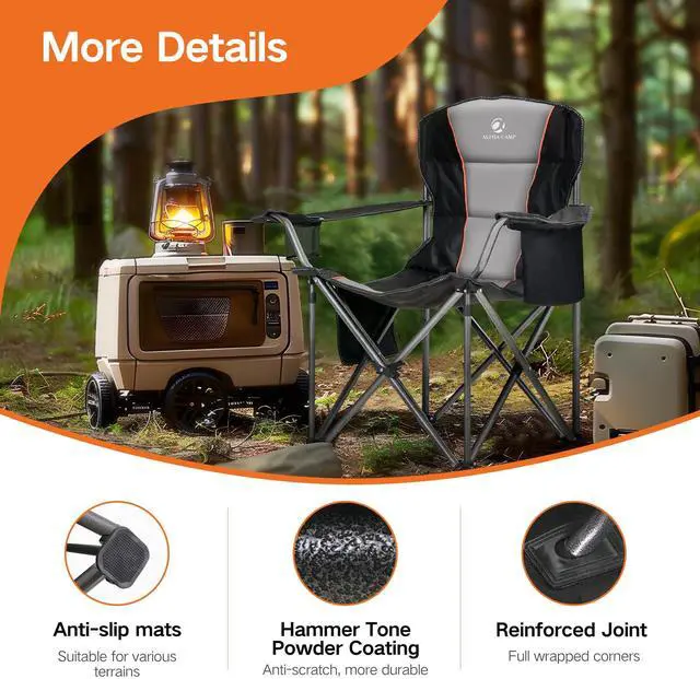 Alt view image 6 of 7 - Oversized Folding Camping Chair for Adults, Heavy Duty Portable Lawn Chairs with Cooler Bag, Side Pocket & Cup Holder, Folding Chairs for Outside Support 450 LBS Outdoor Chair