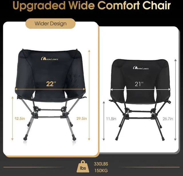 Alt view image 3 of 7 - Portable Camping Chair Plus, Larger & Roomier, Compact and Lightweight Still, Folding Chair for Backpacking & Hiking, 330Lbs Capacity (Black)