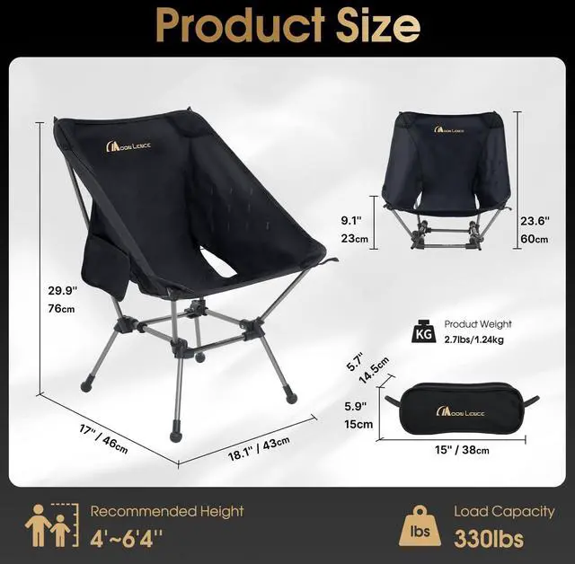 Alt view image 4 of 7 - Portable Camping Chair Plus, Larger & Roomier, Compact and Lightweight Still, Folding Chair for Backpacking & Hiking, 330Lbs Capacity (Black)