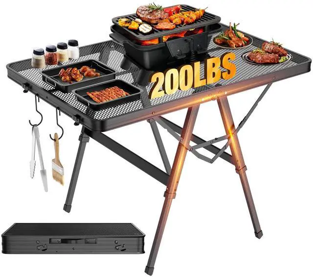 Main image of Raynesys Foldable Grill Table with Mesh Desktop, 200lbs 3Ft Portable Folding Table, Height Adjustable Metal Table for Ourdoor, Camping, Picnic, BBQ and Beach, RV, 35.4" L x 23.6" W
