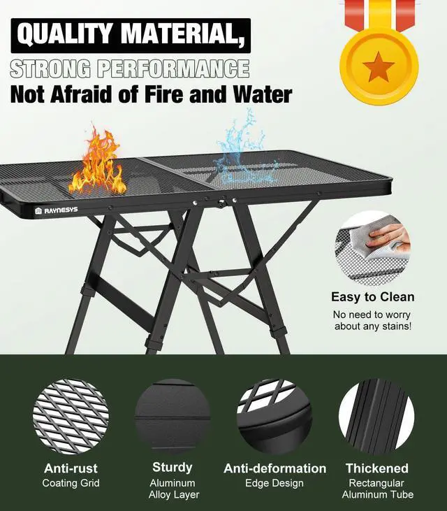 Alt view image 3 of 7 - Raynesys Foldable Grill Table with Mesh Desktop, 200lbs 3Ft Portable Folding Table, Height Adjustable Metal Table for Ourdoor, Camping, Picnic, BBQ and Beach, RV, 35.4" L x 23.6" W