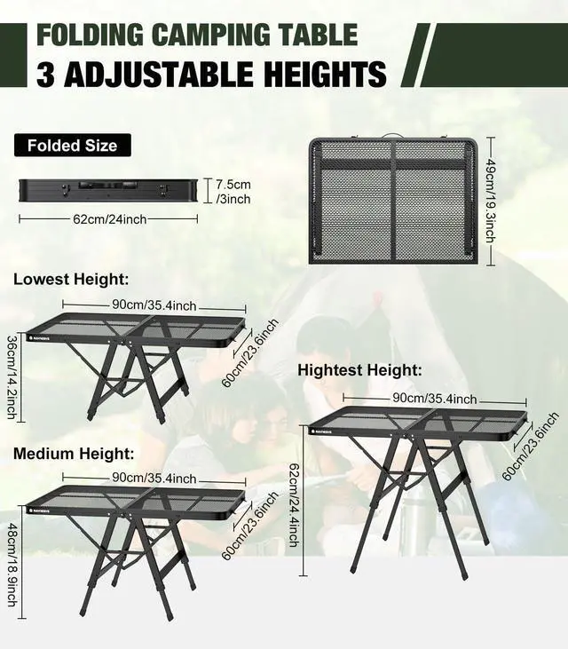 Alt view image 4 of 7 - Raynesys Foldable Grill Table with Mesh Desktop, 200lbs 3Ft Portable Folding Table, Height Adjustable Metal Table for Ourdoor, Camping, Picnic, BBQ and Beach, RV, 35.4" L x 23.6" W
